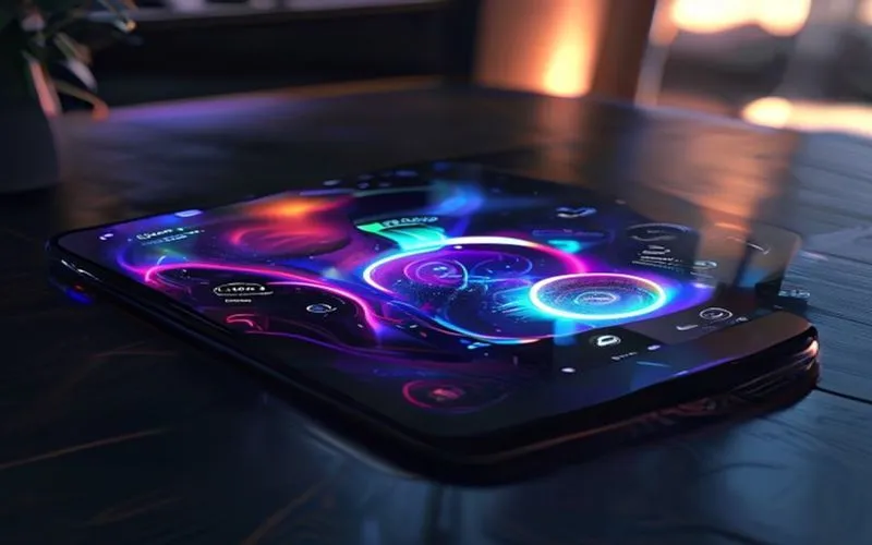 Smartphone Android menampilkan antarmuka futuristik dengan ikon neon holografik yang menarik
