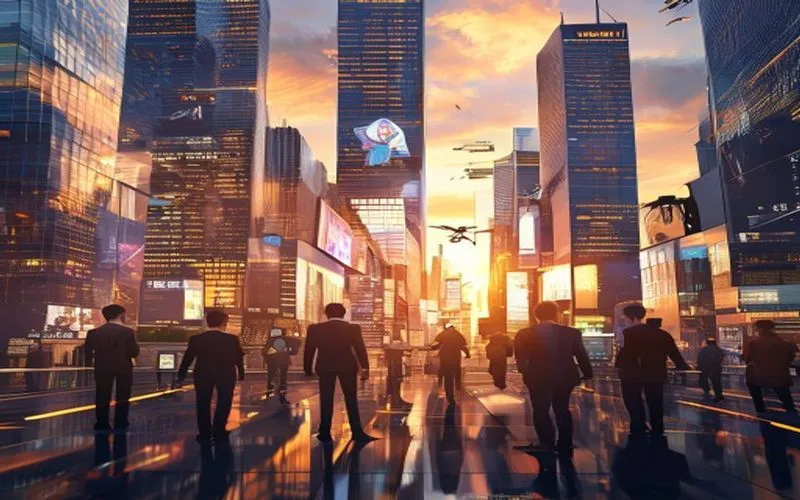 Modern financial city landscape, dynamic economic activity, global trade.