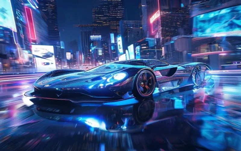 Mobil futuristik melaju di kota neon pada malam hari