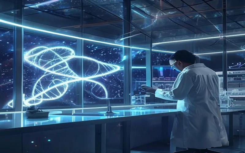 Ilustrasi laboratorium futuristik dengan DNA holografik dan partikel kuantum