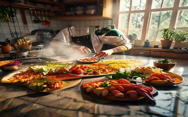 Dapur internasional dengan hidangan sushi, paella, taco, dan butter chicken