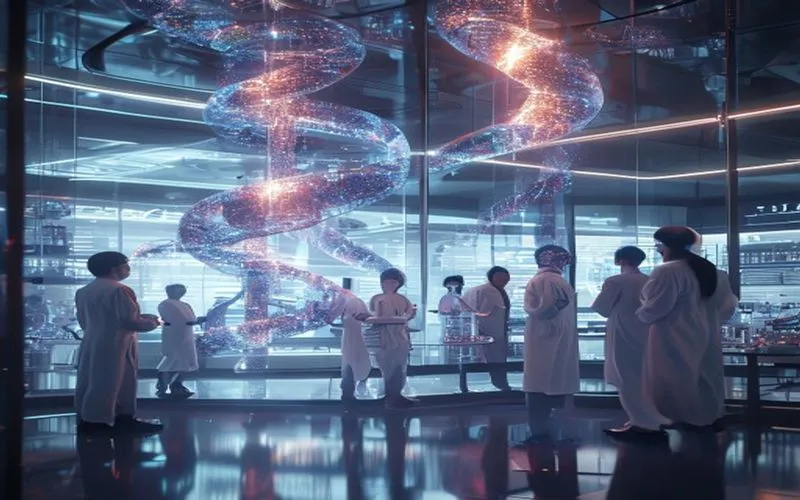 Laboratorium futuristik dengan partikel kuantum dan heliks DNA holografik.