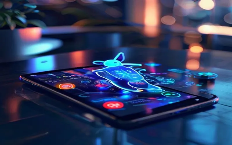 Smartphone displaying futuristic Android app interface