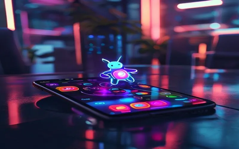 Smartphone menampilkan aplikasi Android futuristik di kantor modern