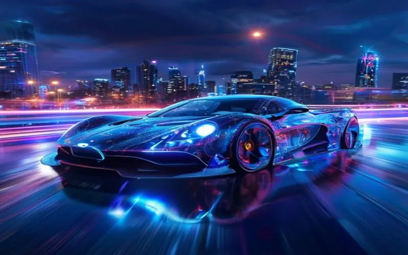 Mobil futuristik melaju di jalan malam neon