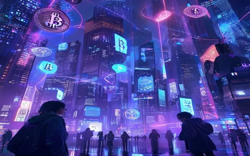 Kota futuristik dengan simbol blockchain dan Bitcoin bersinar