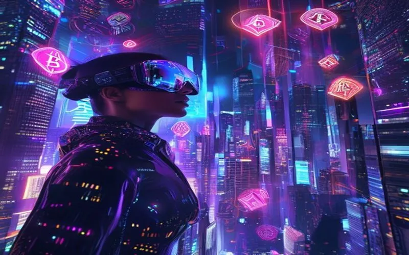 Cyberpunk neon city, floating crypto symbols, futuristic blockchain network.