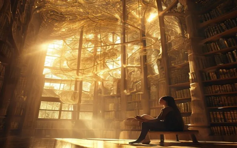 Woman contemplating in a brain-shaped library, golden light