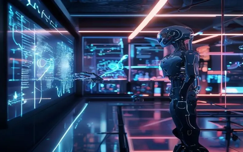 Laboratorium futuristik AI dengan hologram data dan visualisasi jaringan saraf