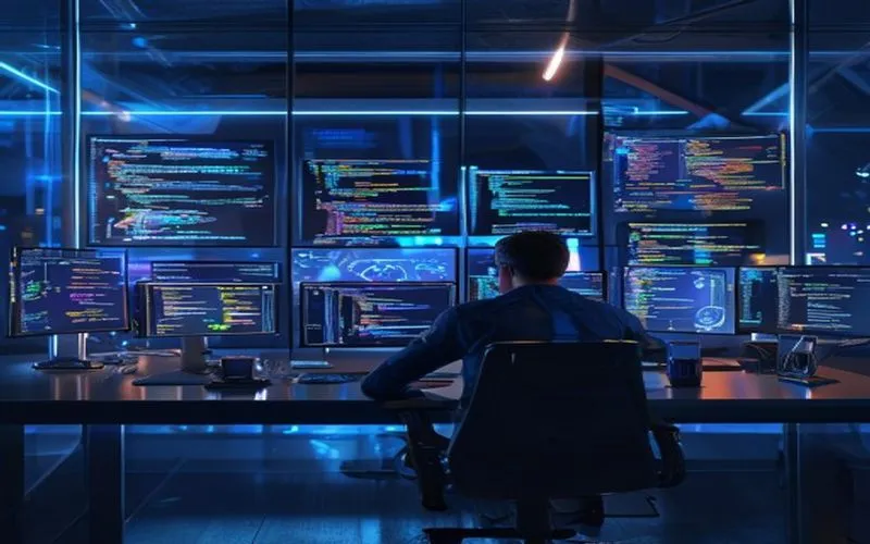 Pengembang fokus di ruang kerja futuristik dengan kode web beragam.