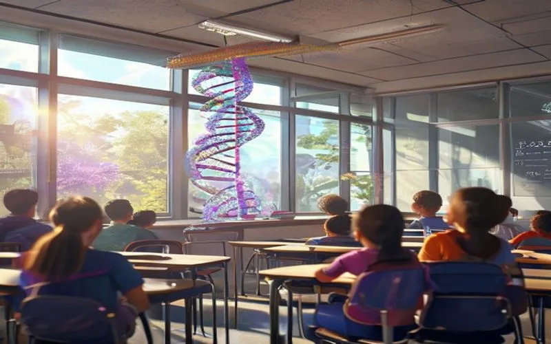 Guru menjelaskan sel manusia dengan model 3D hologram di kelas.