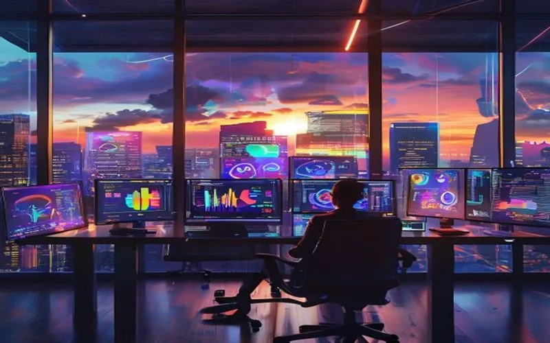 Digital marketing analyzing SEO data in a futuristic office