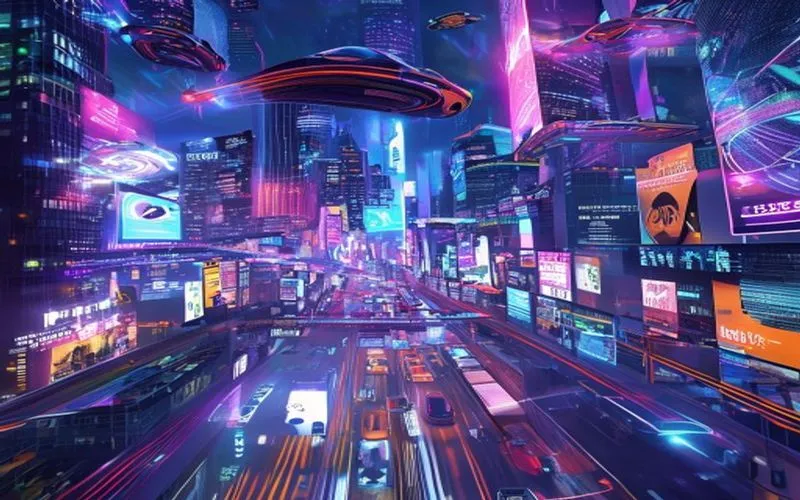 Futuristic city with neon lights, cube cars, holographic billboards, latest tech driving prices in the East, active atmosphere