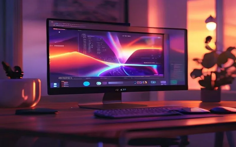 Modern desktop app with antarmuka futuristik di meja kayu.