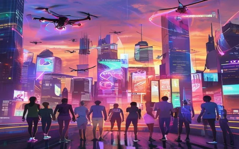 Striking image facing the future gateway of technological development. Behold the virtues of new technological development in an elegant modern city at night, with smart skyscrapers pierced by sunbeams and their fingers merging with their 3D display. In front of the wall, a diverse group of individuals, including code writers, app developers, and software developers, are together and kissing their fingers. They appear not to make themselves tied, thus demonstrating that the organization of technology and collaboration between technology employees are truly developing in an appropriate direction and include contributions from all individuals.