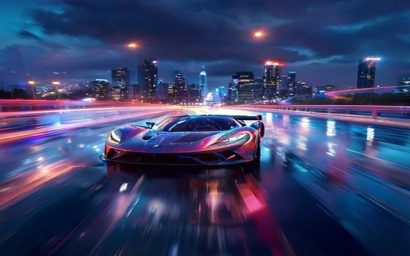 Kendaraan futuristik melaju di jalan kota neon, penuh kilau air hujan