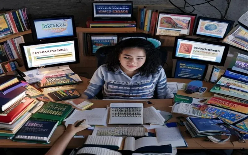 Seorang blogger muda dan kreatif, duduk di meja yang terbuka dengan beberapa buku