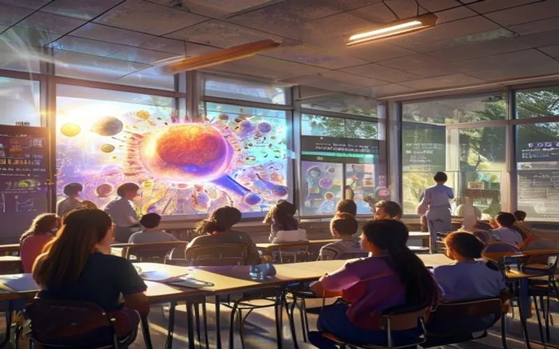 Kelas biologi modern dengan tampilan sel holografik interaktif