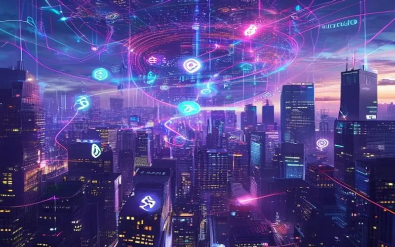 Kota futuristik dengan jaringan blockchain yang memancar