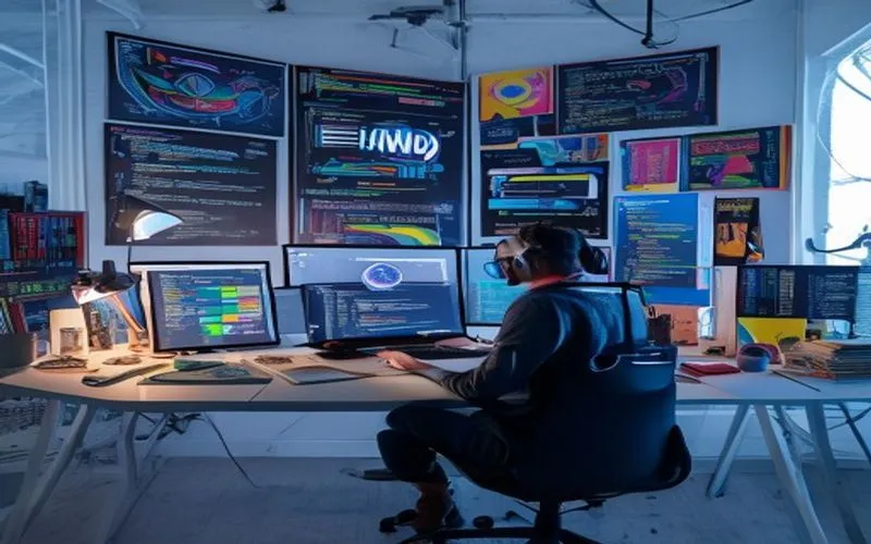 Web developer membuat koding di antara ruangan terbuka modern